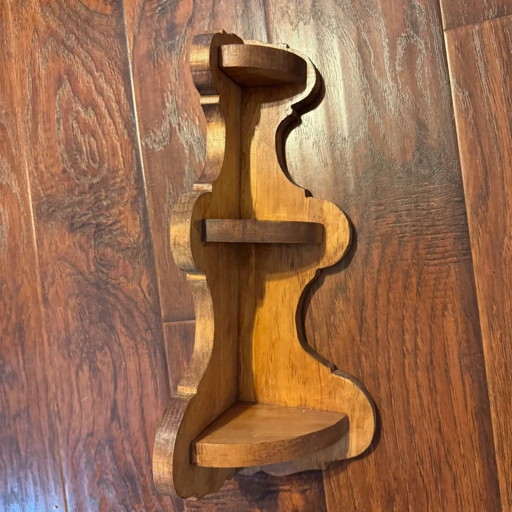 Vintage Mid Century Modern MCM Wood Corner‎ Shelf 17in Brown Scroll Cut 3 Tier